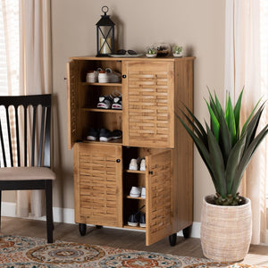 Baxton Studio Baxton Winda Modern Oak Brown 4-Door Shoe Storage Cabinet with Adjustable Shelves & Airflow Design SC864574 B-Wotan Oak