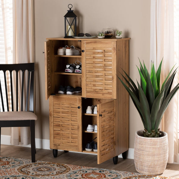 Baxton Studio Baxton Winda Modern Oak Brown 4-Door Shoe Storage Cabinet with Adjustable Shelves & Airflow Design SC864574 B-Wotan Oak