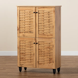 Baxton Studio Baxton Winda Modern Oak Brown 4-Door Shoe Storage Cabinet with Adjustable Shelves & Airflow Design SC864574 B-Wotan Oak