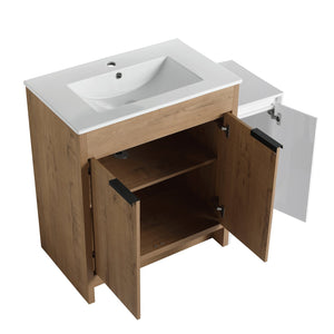 English Elm 42 Inch Freestanding Bathroom Vanity With Ceramic Sink, Soft-Close Doors & Ample Storage Solutions W999S00309