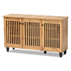 Baxton Studio Baxton Studio Fernanda Modern Oak Brown 3-Door Shoe Cabinet with Stylish Slatted Ventilation Design SC864573 A-Wotan Oak