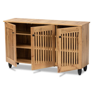 Baxton Studio Baxton Studio Fernanda Modern Oak Brown 3-Door Shoe Cabinet with Stylish Slatted Ventilation Design SC864573 A-Wotan Oak