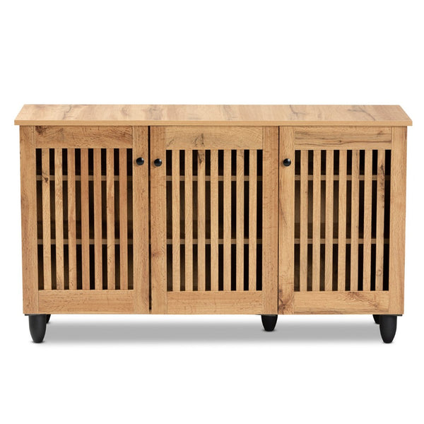 Baxton Studio Baxton Studio Fernanda Modern Oak Brown 3-Door Shoe Cabinet with Stylish Slatted Ventilation Design SC864573 A-Wotan Oak