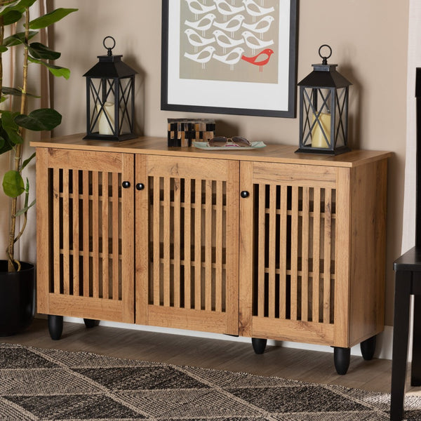 Baxton Studio Baxton Studio Fernanda Modern Oak Brown 3-Door Shoe Cabinet with Stylish Slatted Ventilation Design SC864573 A-Wotan Oak