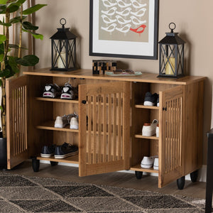 Baxton Studio Baxton Studio Fernanda Modern Oak Brown 3-Door Shoe Cabinet with Stylish Slatted Ventilation Design SC864573 A-Wotan Oak