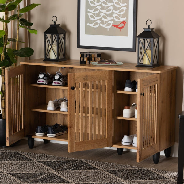 Baxton Studio Baxton Studio Fernanda Modern Oak Brown 3-Door Shoe Cabinet with Stylish Slatted Ventilation Design SC864573 A-Wotan Oak