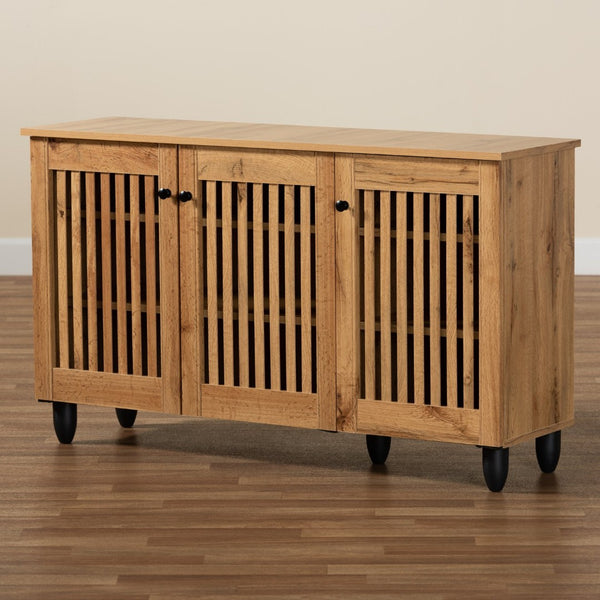 Baxton Studio Baxton Studio Fernanda Modern Oak Brown 3-Door Shoe Cabinet with Stylish Slatted Ventilation Design SC864573 A-Wotan Oak