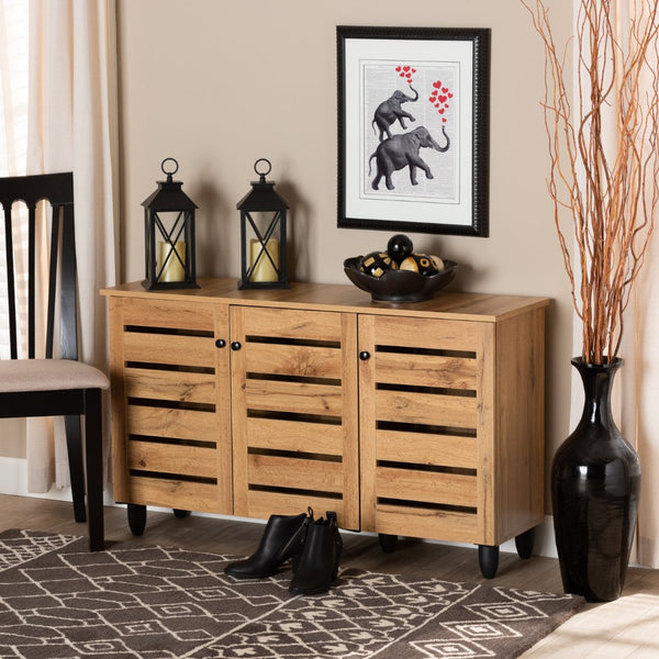 Baxton Studio Baxton Studio Gisela Compact Oak Brown Shoe Storage Cabinet - Stylish 3-Door Organizer for Small Spaces SC865513M-Wotan Oak