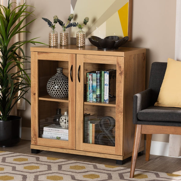 Baxton Studio Baxton Studio Modern Oak Brown 2-Door Storage Cabinet with Glass Doors for Chic Organization and Display SR 890001-Wotan Oak