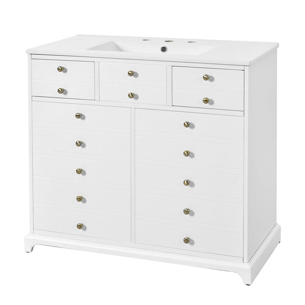 English Elm 36'' Bathroom Vanity with Ceramic Sink Combines Retro Solid Wood Frame, Soft-Close Drawers & Ample Storage White N710P195628K