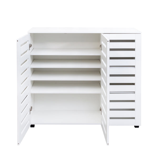 English Elm Shoe Cabinet 4-Tier Adjustable Shelves Louvered Door Shoe Rack Organizer for Entryway Hallway White W331P242459