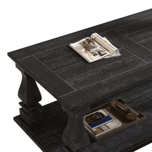 English Elm Farmhouse Coffee Table Solid Planked Wood with Open Shelf Square Baluster Living Room Antique Black W1445P362860