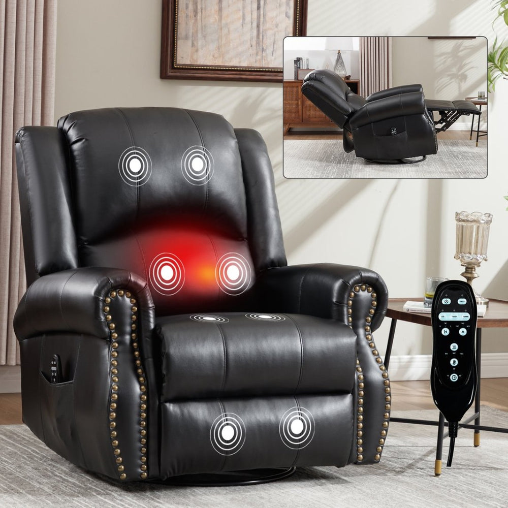 English Elm Heat Massage Rocker Swivel Recliner Chair with Lumbar Relief Nodes for Living Room Black W3224S00032