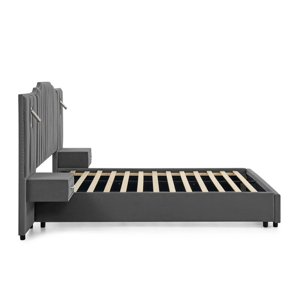 English Elm Queen Velvet Platform Bed with Tufted Headboard Integrated Nightstands and Striped Design Gray W487S00443