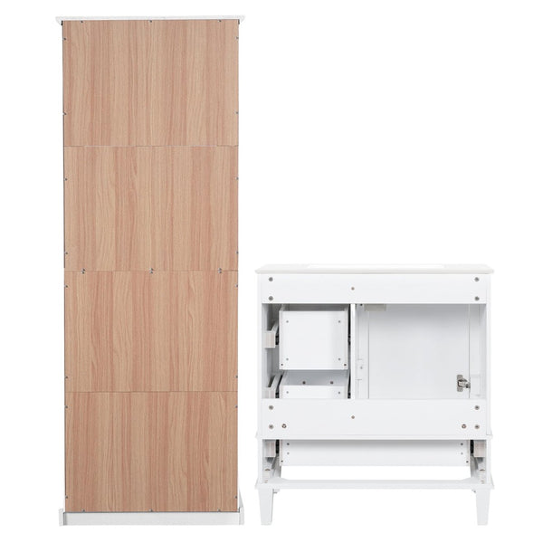 English Elm 67.57" Tall Matte Cabinet Vanity Combo with Glass Doors Soft-close Drawers Sink White N729P000033K