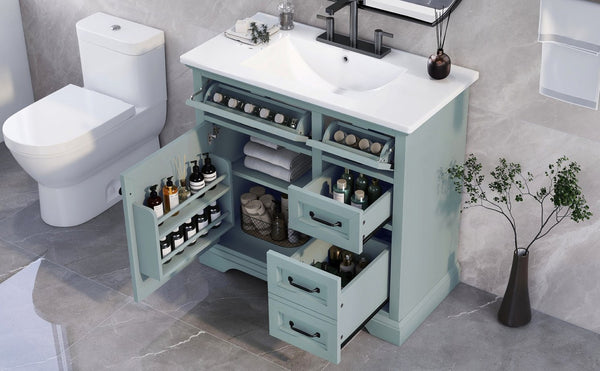 English Elm [video] 36 Inch Freestanding Bathroom Vanity Rubberwood Cabinet with Ceramic Sink Storage Grey N759P313315F