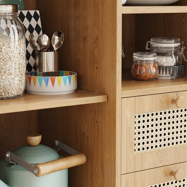 English Elm Rattan Cane Front Sideboard with Drawers Adjustable Shelf Bohemian Storage Cabinet Natural T3623P434728