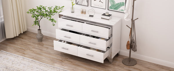 English Elm Elegant High Gloss Dresser with Metal Handles and Mirrored Panels, 6-Drawer Space-Saving Storage Solution White 55.71 L x 19.29 W x 10.63 H N733P205355K