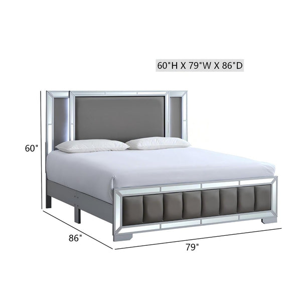 English Elm Murry Silver King Bed with Led Backlit Faux Leather Headboard and Mirror Panel Accents B078S00653