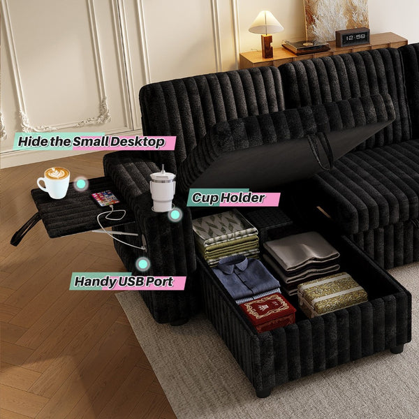English Elm U Shaped Sectional Sleeper Sofa Corduroy Upholstered Pull Out Bed with Storage Chaise Black W1825S00032