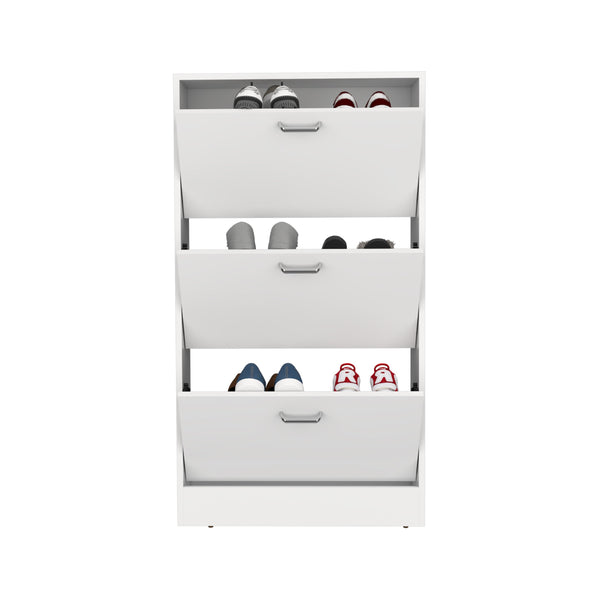 English Elm Inola Modern Pull-Down Shoe Rack — Slim 3-Compartment White Storage for 18 Pairs, Entryway-Friendly B200P361994