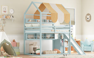 English Elm Full Size Wood Loft Bed with Canopy Slide and Built in Bookshelves for Kids Light Green N7090005021F