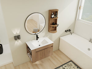 English Elm 30" Wall-Mounted Bathroom Vanity With Ceramic Sink, Soft-Close Doors & Versatile Storage Rack W999S00342