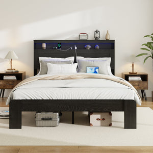 English Elm Bed Frame Queen Size With Storage, Led Headboard & Usb Charging - Easy Assembly, Noise-Free Design! W636P265339