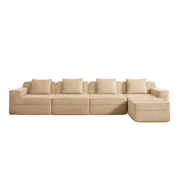 English Elm Modular 4-Seat L-Shaped Sectional Sofa - Plush Corduroy Couch With Movable Ottoman & Pillows W3041S00321