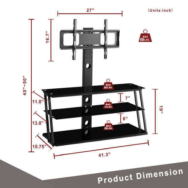 English Elm Black Tempered Glass Tv Stand with Swivel Mount and Three Tier Open Shelving W24104953