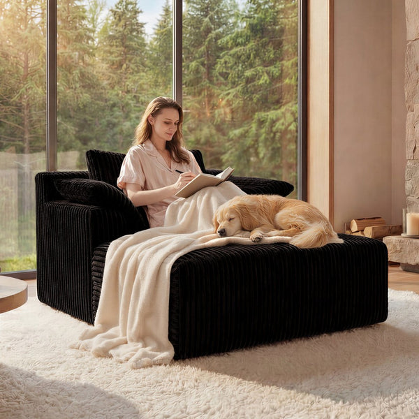 English Elm 60 Inch Oversized Corduroy Cloud Chaise Frameless Deep Seat Lounge for Living Room Black W1919P499870