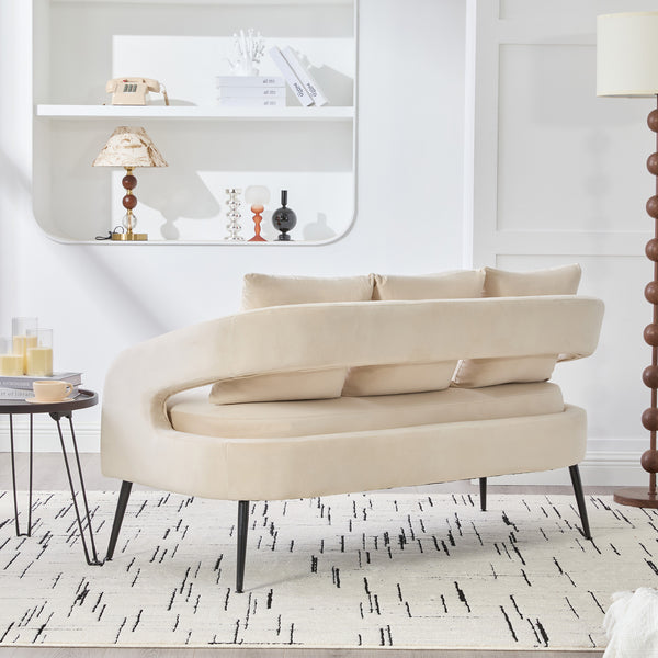 English Elm 53.7"Modern Velvet Loveseat with Open Back and 3 Pillows, Compact 2-Seater Sofa with Metal Legs Beige W3118P312817