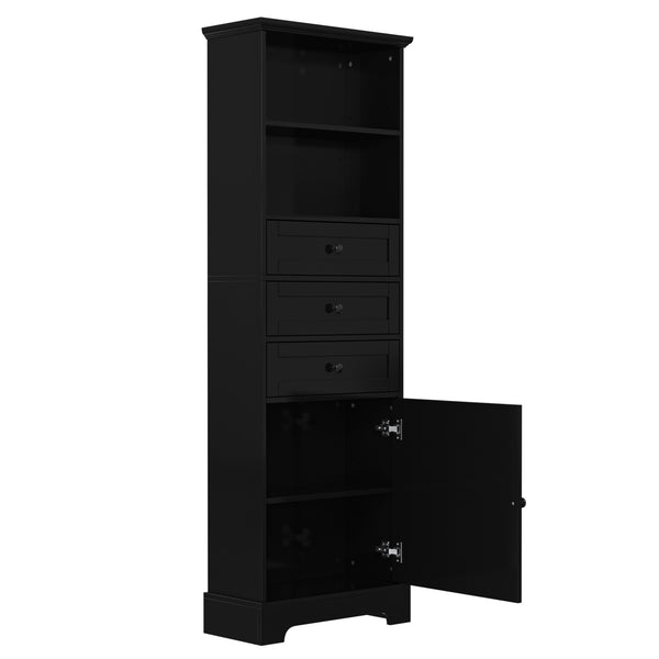 English Elm Black Tall Storage Cabinet with 3 Drawers, Adjustable Shelves, Anti-Tip, MDF Painted Finish for Office Bath WF323347AAB