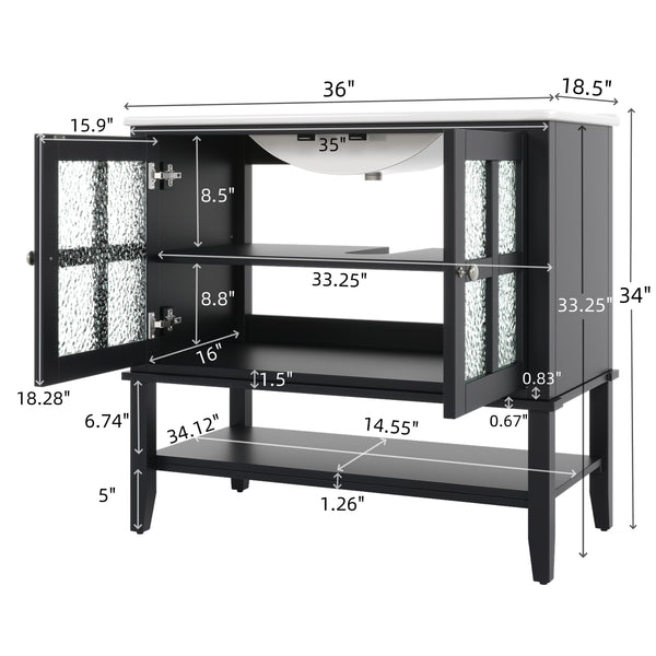 English Elm Christopher Knight Home® - 36" Bathroom Vanity with Ceramic Sink, Solid Wood Legs, Waterproof Finish, Soft-Close Hinges, Open Shelf, Silver Knobs Black N817P286249B