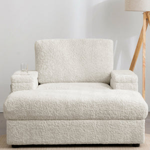 English Elm 42" Oversized Chaise Lounge with Plush Faux Rabbit Fur, Hidden Arm Storage, Cup Holder, Convertible Sleeper Beige N723P232726A