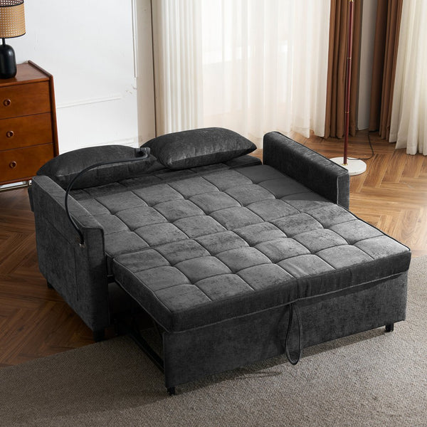 English Elm 56.9" Loveseat Sofa Bed with Chenille Upholstery, USB Ports, Phone Holder, Side Pockets, Reclining Backrest Black N719P208853B