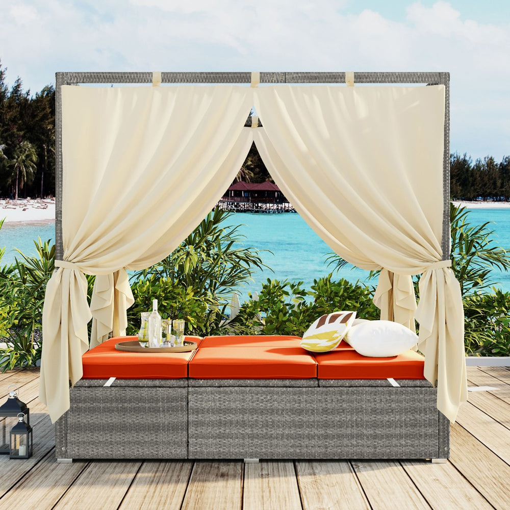English Elm U_style Outdoor Rattan Steel Chaise Lounge with Shade Canopy and Reclining Cushioned Sunbed Orange WY000471AAO