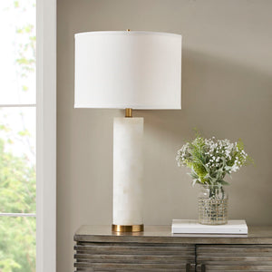 JLA Home INK+IVY - Alabaster Table Lamp with Gold Accents — Unique Veined Stone, White Drum Shade, Warm Ambient Light MP153-0144