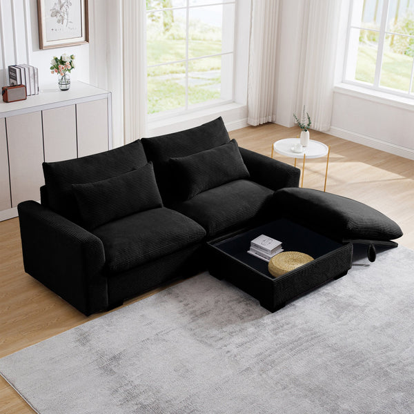 English Elm Sectional Corduroy Sofa Sleeper with Storage Ottoman, Deep 2-Seat Modular Couch, Cozy Pillows, Black W714S00848
