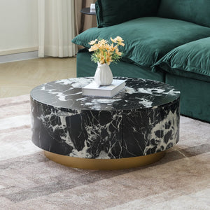 English Elm Tavola Round Coffee Table with Marble Pattern Top and Metal Legs, Two Drawers for Stylish Storage Black B341P321162