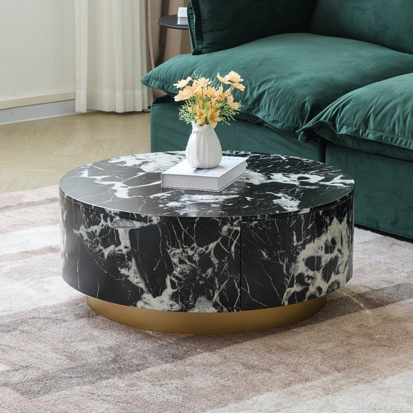 English Elm Tavola Round Coffee Table with Marble Pattern Top and Metal Legs, Two Drawers for Stylish Storage Black B341P321162