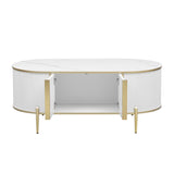 English Elm Modern Luxury Oval Shaped Fluted Coffee Table, Marble-Patterned Top Coffee Table With 2 Cabinets, Metal Legs and Handles For Living Room, White (Date Of Expected Arrival: 11.20)