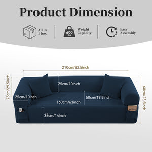 English Elm Spring Sofa with Pocketed Springs and High-Density Foam, Breathable Fabric, Pillows & Storage Antique Blue B347P406041