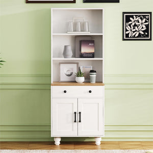 English Elm ON-TREND Farmhouse Storage Cabinet with Gourd Legs, Adjustable Shelves, Anti-Tip Tall Pantry Unit White+Natural N721P205790K