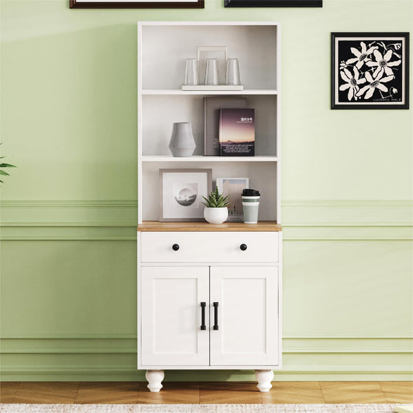 English Elm ON-TREND Farmhouse Storage Cabinet with Gourd Legs, Adjustable Shelves, Anti-Tip Tall Pantry Unit White+Natural N721P205790K