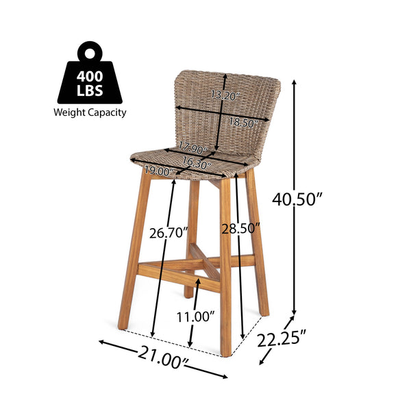 English Elm Christopher Knight Home® - Lymington Outdoor Bar Stool Set of 2 — Durable Acacia & Wicker Craft, Ergonomic 105° Backrest Comfort Light Brown,Teak N775P278094B