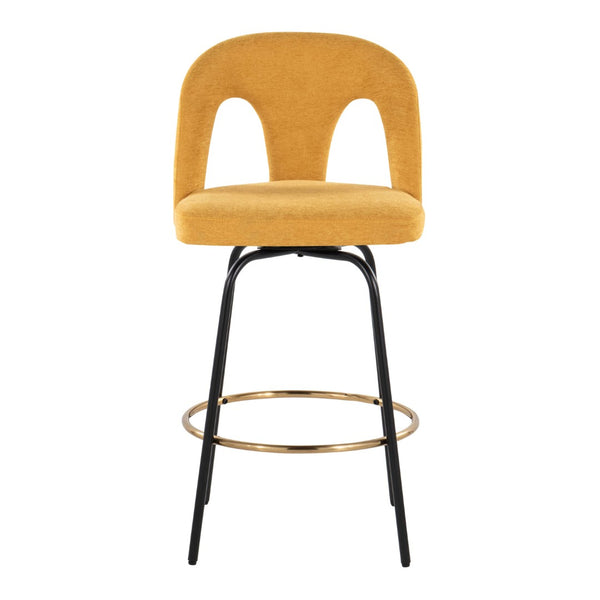 English Elm Fixed-height Swivel Counterstools with White Upholstery Gold Footrest Set of 2 Yellow B202S01785