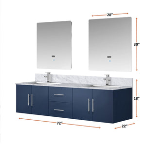 English Elm Navy Double Bath Vanity 72" W x 22" D with Carrara Marble Top, Chrome Faucets, 30" LED Mirrors, Durable Finish B2731S01046