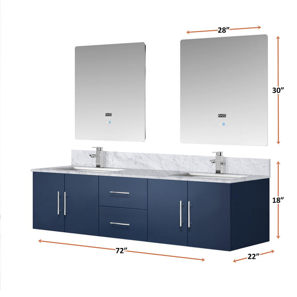English Elm Navy Double Bath Vanity 72" W x 22" D with Carrara Marble Top, Chrome Faucets, 30" LED Mirrors, Durable Finish B2731S01046