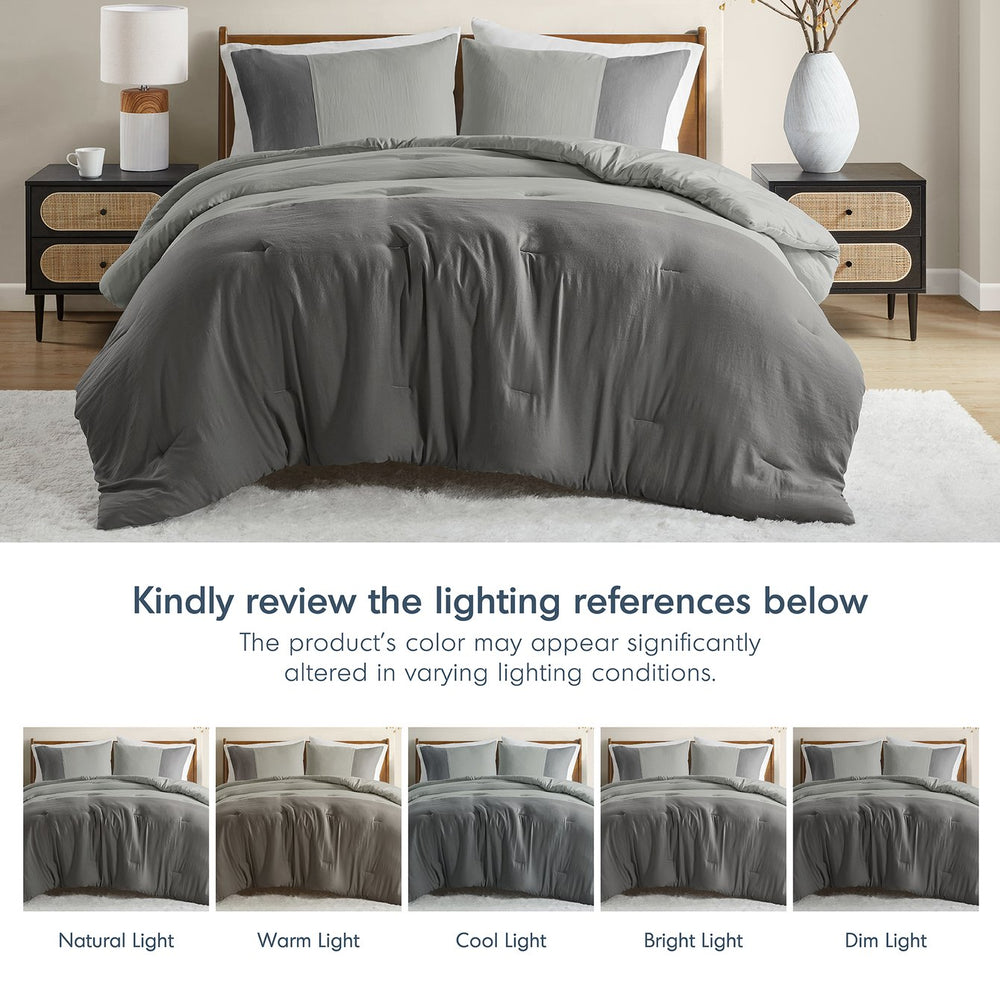 JLA Home Comfort Spaces - Soft Washed Color Block Comforter Set with Silky Pre-Washed Finish, Midweight Breathable Warmth, Oeko-Tex Certified Grey AM10-0180